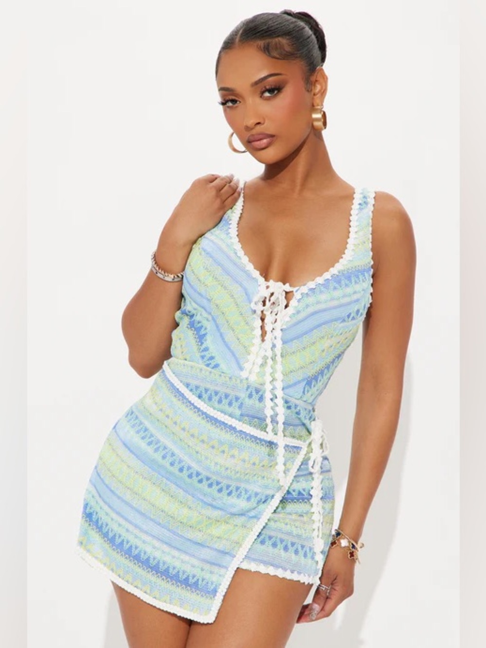 Fashion Nova Blue & Green Crochet Lace-Up Romper